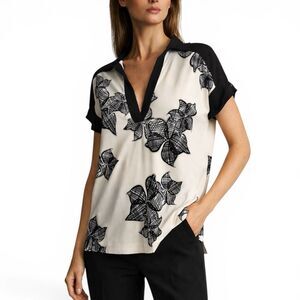Reiss Daria Print Blouse Women’s Large Cream Black Floral Short Sleeve Top